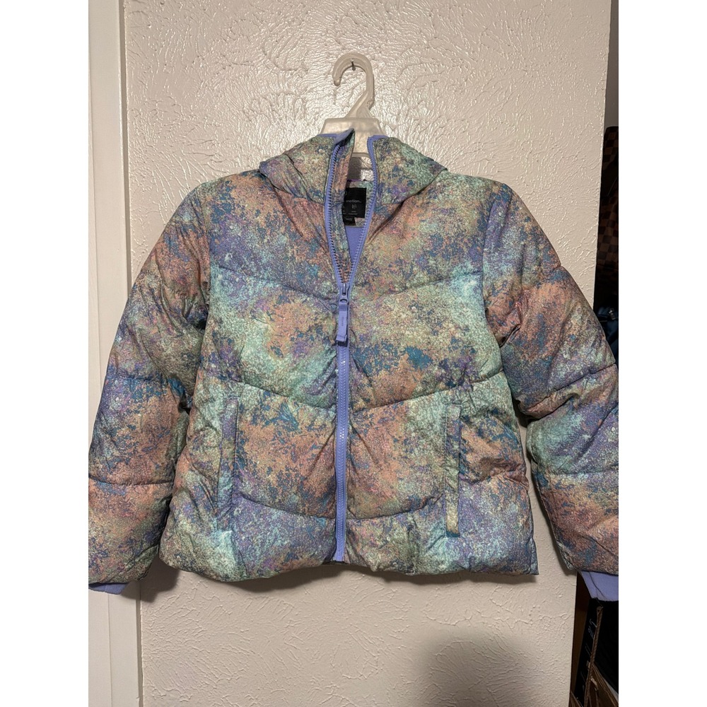 All In Motion Girls Multi Color Marble Puffer Jacket Hooded Water Resistant M 8